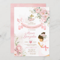 Chica Rezando Primero Santa Comunión Floral Rosa