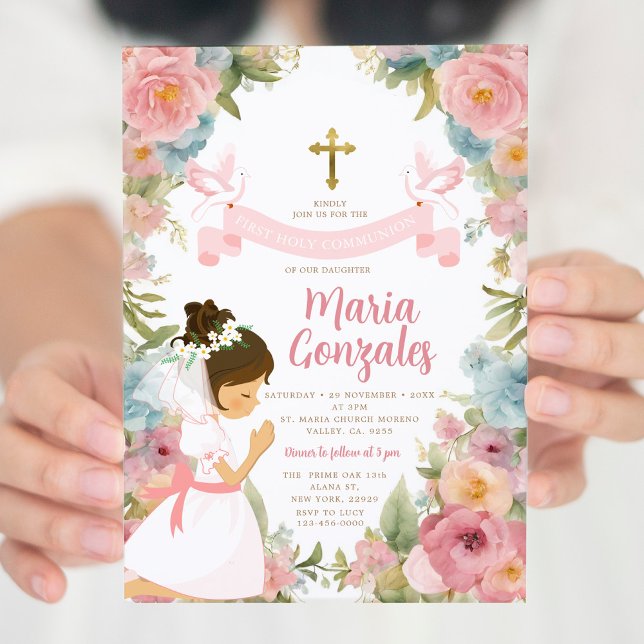 Invitación Chica Rezando Primero Santa Comunión Floral Rosa (Subido por el creador)