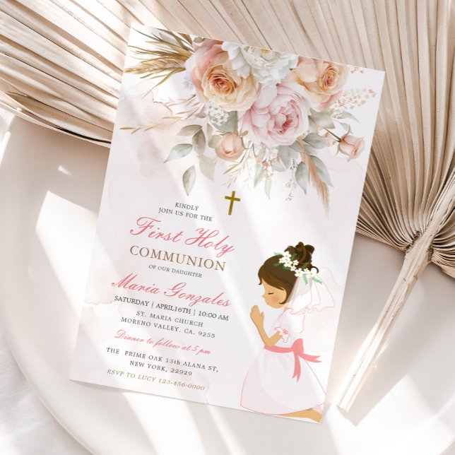 Invitación Chica Rezando Primero Santa Comunión Floral Rosa (Subido por el creador)