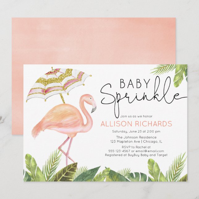 Invitación Chica rociado de bebé flamingo ducha de oro rosa (Anverso / Reverso)