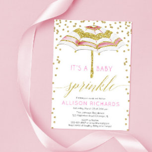 Invitación Chica rociado de bebé, paraguas dorado rosa ducha
