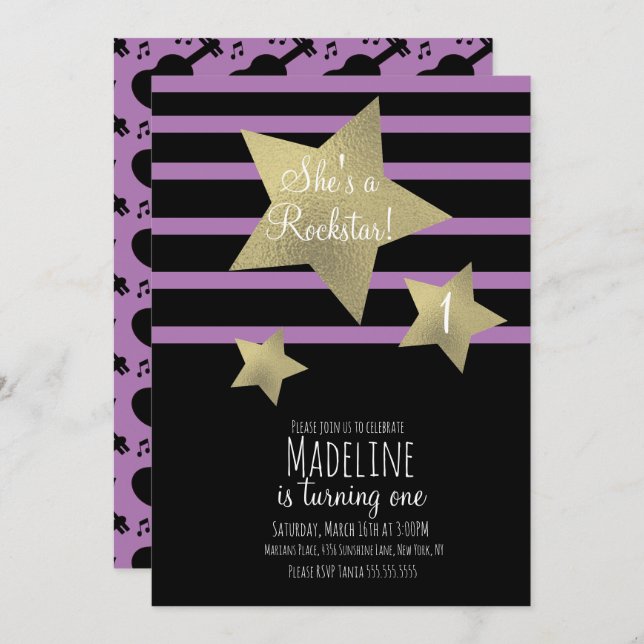 Invitación Chica Rockstar Guitar Faux Gold Star Cumpleaños (Anverso / Reverso)