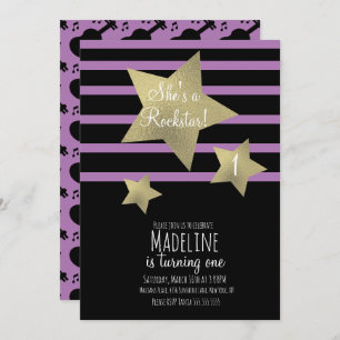 Invitación Chica Rockstar Guitar Faux Gold Star Cumpleaños