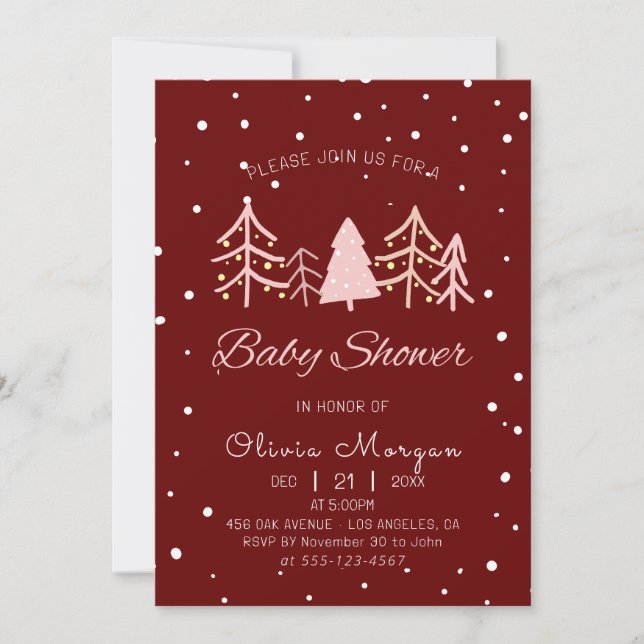 Invitación Chica Rojo de Invierno de Nieve Rosa (Anverso)