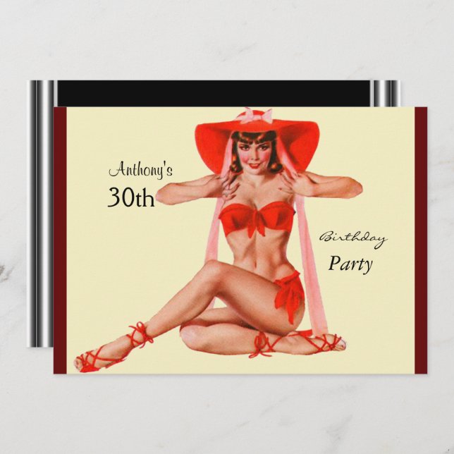 Invitación Chica rojo Pin-up Cream Partido de Cump (Anverso / Reverso)