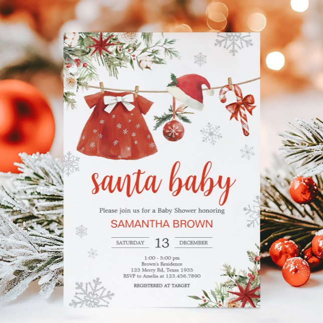 Invitación Chica Rojo Santa Navidades Baby Shower (Santa Baby Clothesline Baby Shower Invitation)