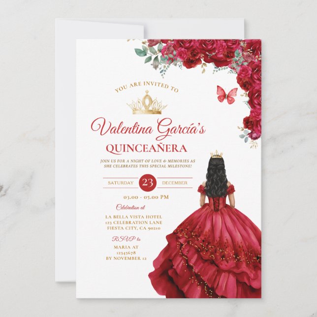 Invitación Chica Rojo Vestido Quinceañera 15 Anos Flores Oro (Anverso)
