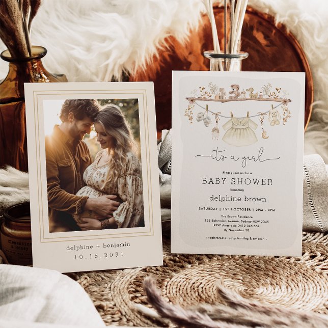 Invitación Chica Ropa de bebé Boho Neutral Tone Baby Shower (Subido por el creador)