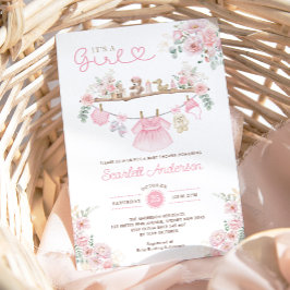 Invitación Chica Ropa de Bebé Lavadora Floral Rosa Baby Showe