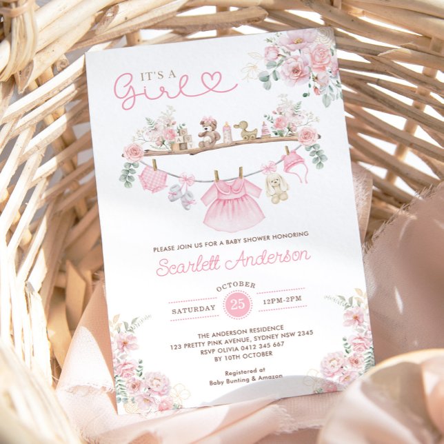 Invitación Chica Ropa de Bebé Lavadora Floral Rosa Baby Showe (Subido por el creador)