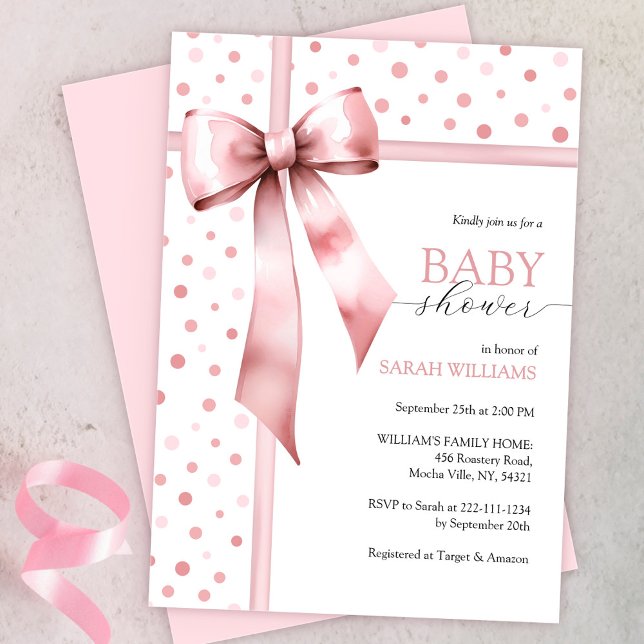 Invitación Chica rosa acuarela Bow Baby Shower (Subido por el creador)