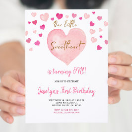 Invitación Chica Rosa acuarela Primer Corazón de Cumpleaños