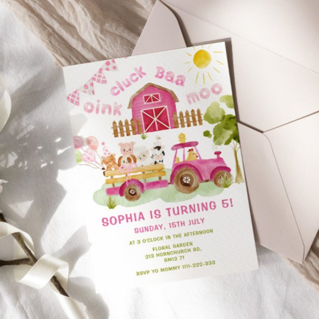 Invitación Chica Rosa Animales de granja 5 cumpleaños fiesta (Subido por el creador)