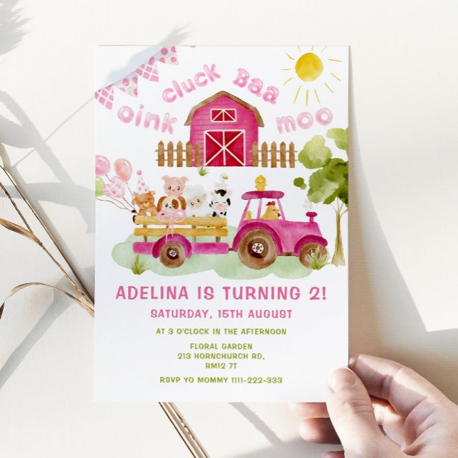 Invitación Chica Rosa Animales de granja fiesta de segundo cu (Subido por el creador)