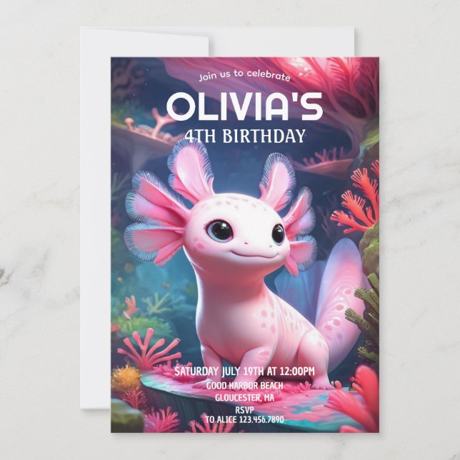 Invitación Chica rosa Axolotl Cumpleaños (Anverso)