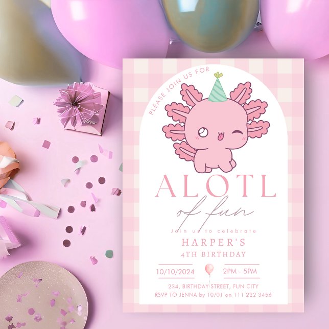 Invitación Chica rosa axolotl linda kawaii fiesta submarina (Axolotl Pink Girl Cute Kawaii Underwater Party Invitation)