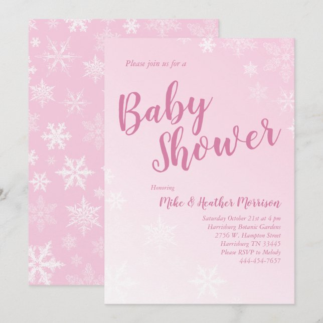 Invitación Chica rosa Baby Shower copo de nieve en invierno (Anverso / Reverso)