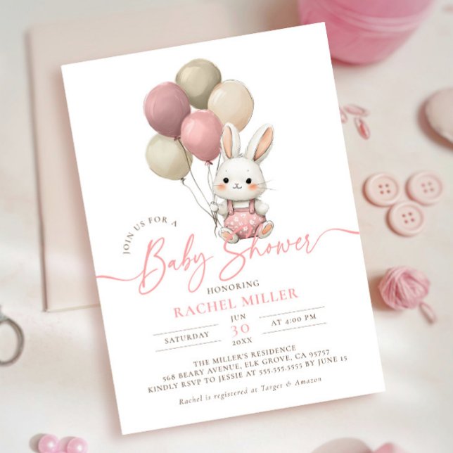 Invitación Chica rosa Baby Shower de los globos de conejo con (Subido por el creador)