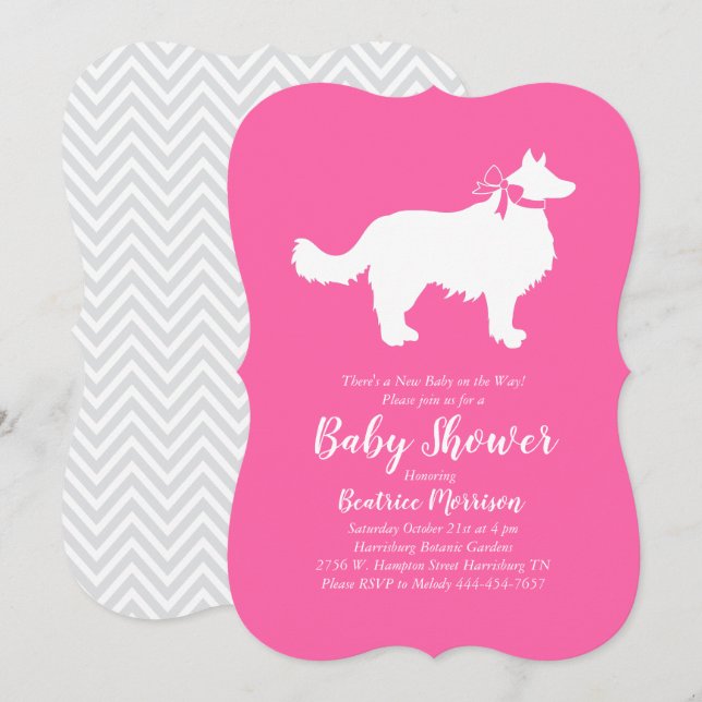 Invitación Chica rosa Baby Shower de perro collie de borde (Anverso / Reverso)