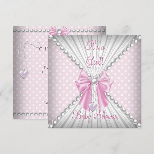 Invitación Chica rosa Baby Shower Pearl Polka Dots (Anverso / Reverso)
