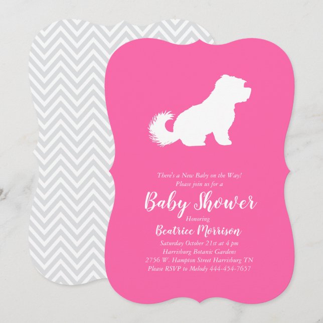 Invitación Chica rosa Baby Shower Perro maltés (Anverso / Reverso)