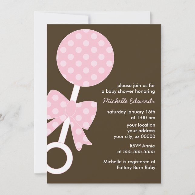 Invitación Chica Rosa Bebé Rattle Baby Shower (Anverso)