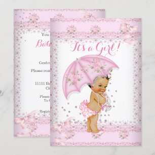 Invitación Chica Rosa Bonita Baby Shower Floral Paraguas BR