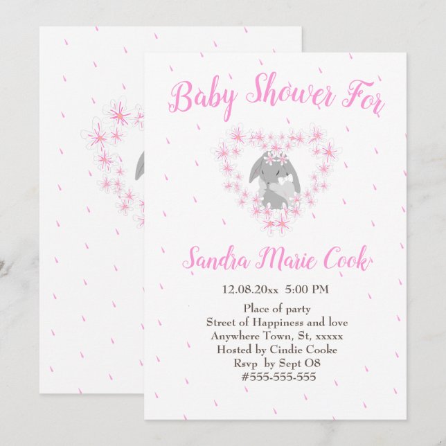 Invitación Chica rosa Bunny Rabbit Baby Shower (Anverso / Reverso)