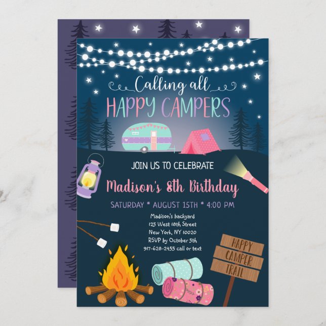 Invitación Chica Rosa Camper Camping Cumpleaños (Anverso / Reverso)