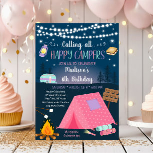 Invitación Chica Rosa Camping S'mores Sleepover Cumpleaños