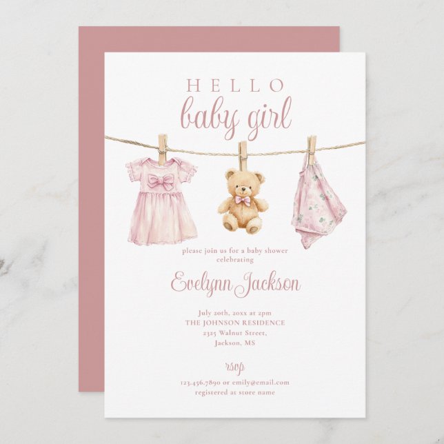 Invitación Chica Rosa Clothesline Baby Shower Todo En Uno (Anverso / Reverso)
