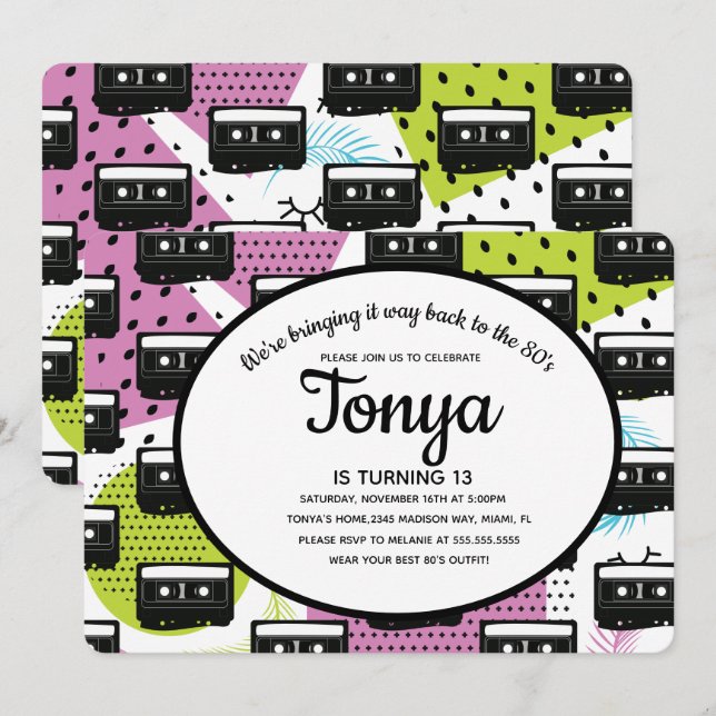Invitación Chica Rosa Collage Casete Retroceso 80s 90s (Anverso / Reverso)