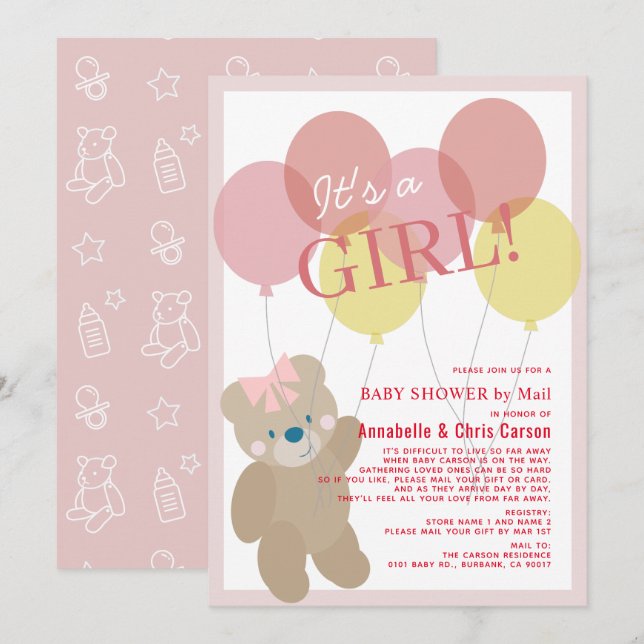 Invitación Chica rosa con globo de oso de Teddy Baby Shower p (Anverso / Reverso)