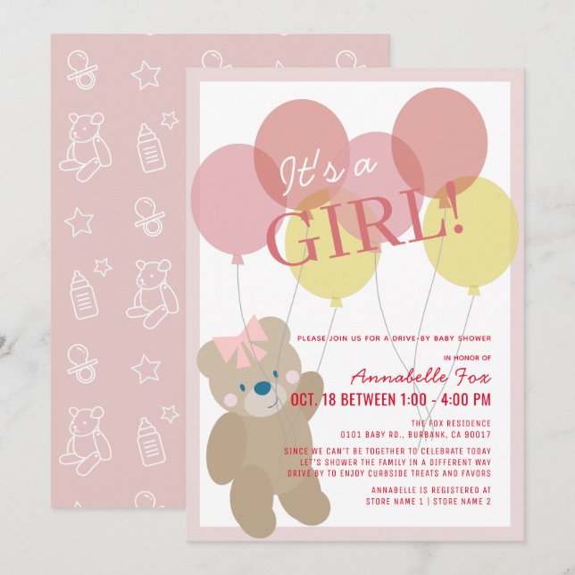 Invitación Chica rosa con globo de Oso Teddy por Baby Shower (Anverso / Reverso)
