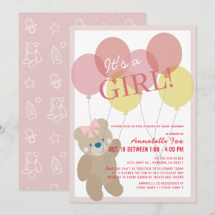 Invitación Chica rosa con globo de Oso Teddy por Baby Shower