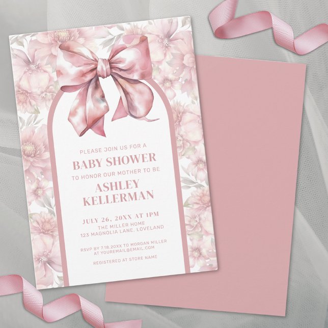 Invitación Chica rosa Coquette Floral Bow Baby Shower (Coquette Floral Bow Pink Girl Baby Shower Invitation)