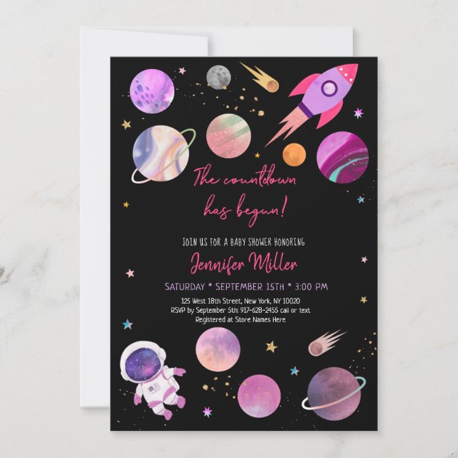 Invitación Chica rosa cuenta atrás de espacio Baby Shower (Anverso)