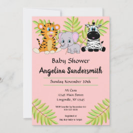 Invitación Chica Rosa Cute Animal Safari Jungle Baby Shower
