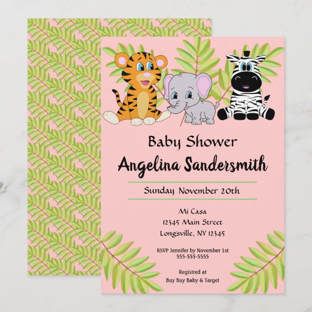 Invitación Chica Rosa Cute Animal Safari Jungle Baby Shower (Anverso / Reverso)