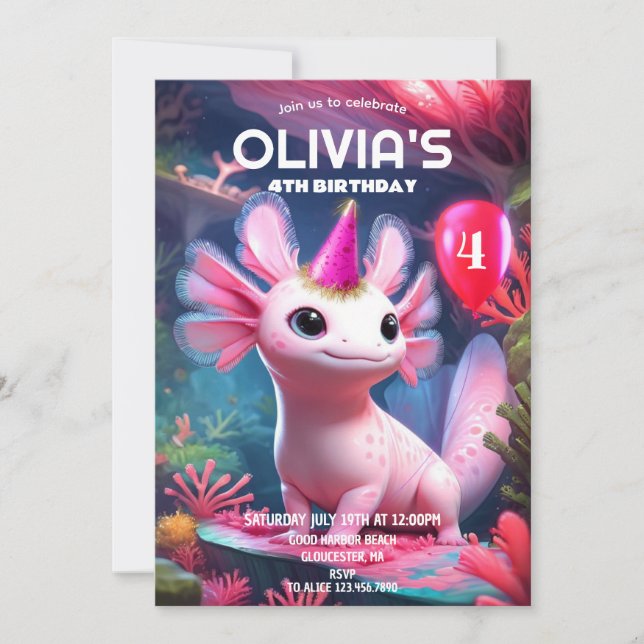 Invitación Chica Rosa Cute Axolotl Cumpleaños (Anverso)