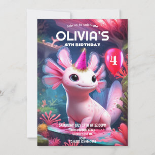 Invitación Chica Rosa Cute Axolotl Cumpleaños