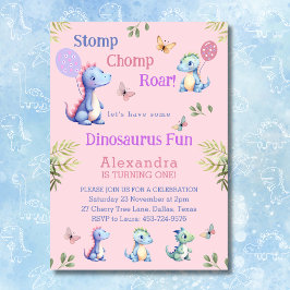 Invitación Chica Rosa Cute Dinosaurio primer Fiesta de cumple