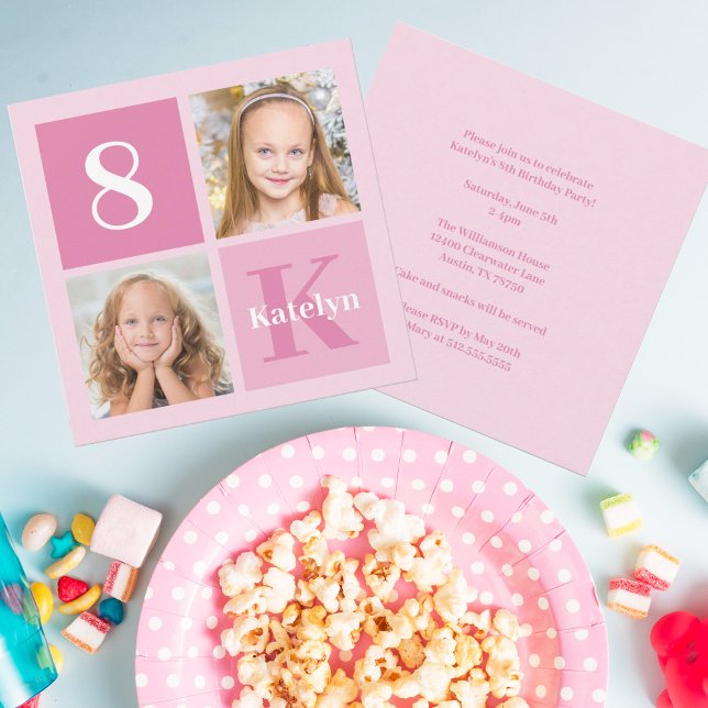 Invitación Chica Rosa Cute Personalizado de Collage de fotos (Subido por el creador)