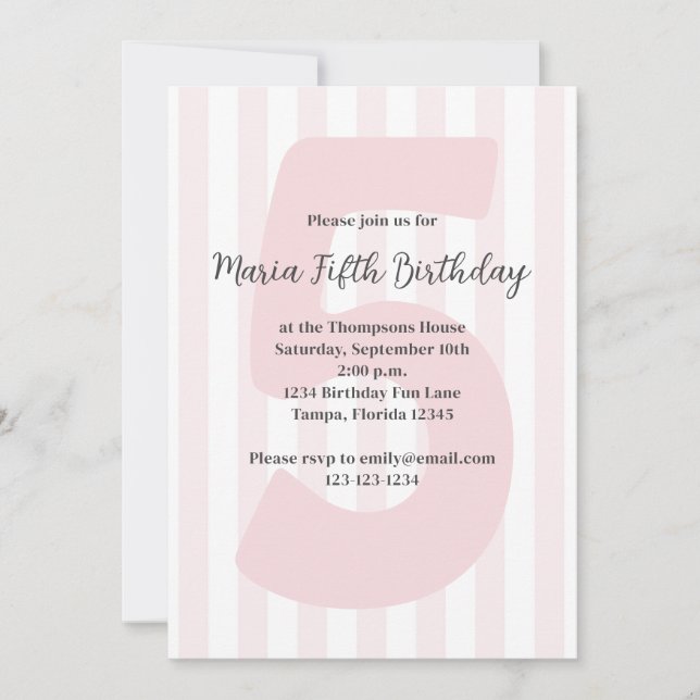 Invitación Chica Rosa Cute Quinto Cumpleaños Brillante (Anverso)
