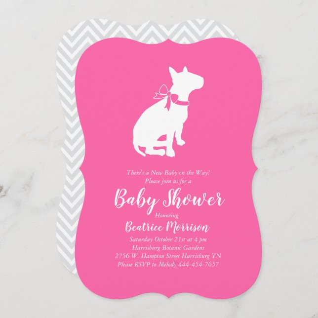 Invitación Chica rosa de Baby Shower Bull Terrier (Anverso / Reverso)
