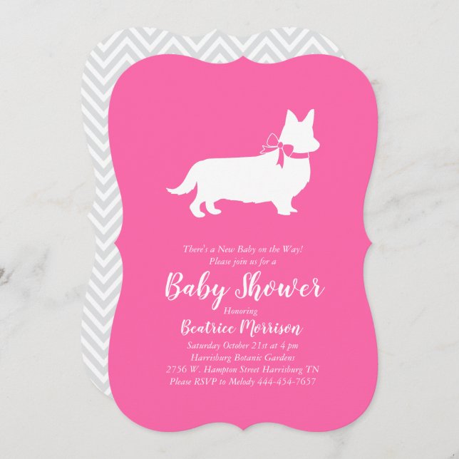 Invitación Chica rosa de Baby Shower Corgi Dog galés (Anverso / Reverso)
