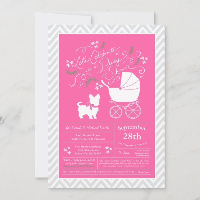 Invitación Chica rosa de Baby Shower de Yorkshire Terrier Dog (Anverso)