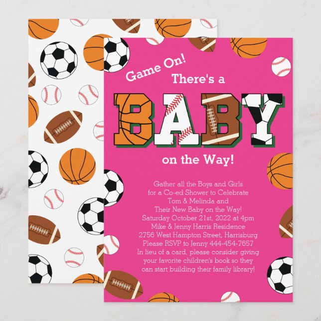 Invitación Chica rosa de Baby Shower deportivo (Anverso / Reverso)