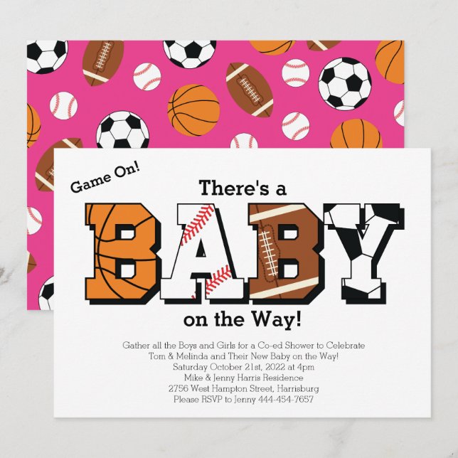 Invitación Chica rosa de Baby Shower deportivo (Anverso / Reverso)