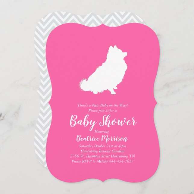 Invitación Chica rosa de Baby Shower Perro Pomerania (Anverso / Reverso)